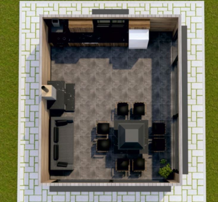 30 m² Living Space with Fireplace, Kitchen, and BBQ Area